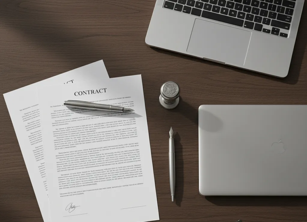 Flat-lay of contract papers, pen, stamp, glasses, and a closed laptop on a dark desk.