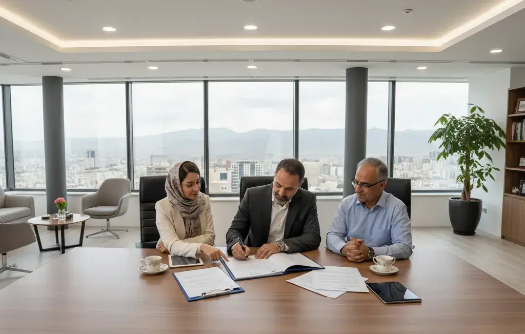 Three Iranian professionals signing a business contract at a conference table in an office setting.